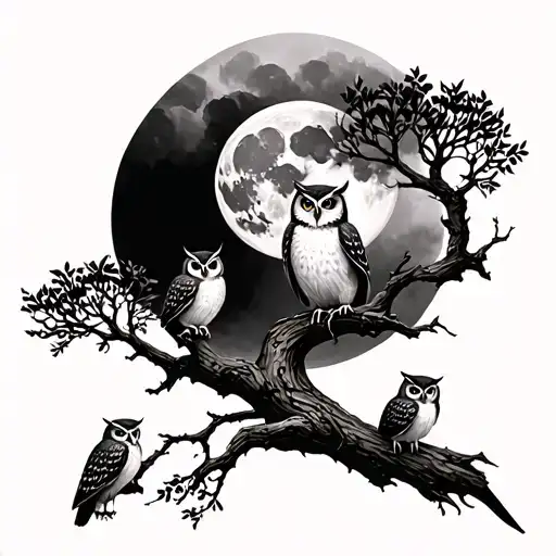 I want a tattoo that have small owls on trees and have a moon too, a power footprint, this in the background tattoo design idea