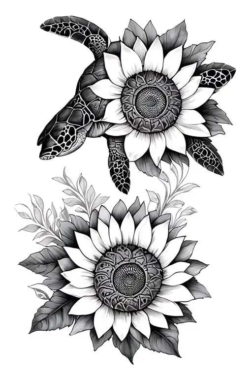 2 baby sea turtles, lotus and sunflower mandala half sleeve  tattoo design idea