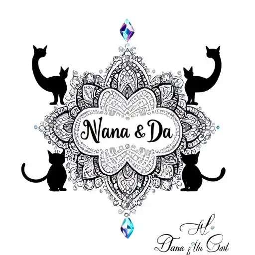 A mandala design incorporating the names 'Nana & Da' in a decorative script, with cat silhouettes and crystal accents throughout tattoo design idea