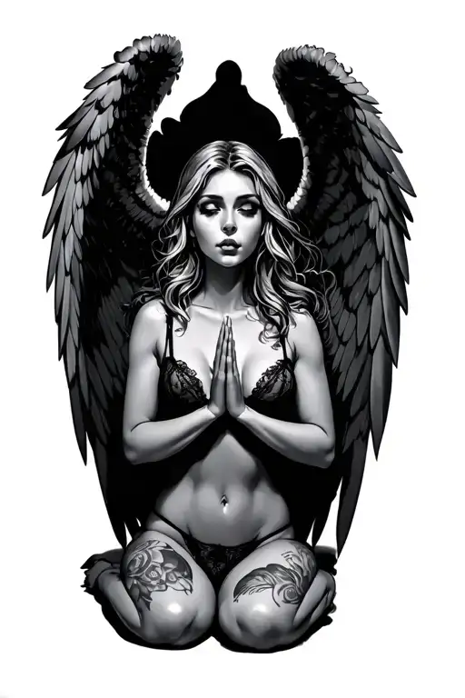 sexy angel in lingerie on her knees with her wings spread and praying tattoo design idea