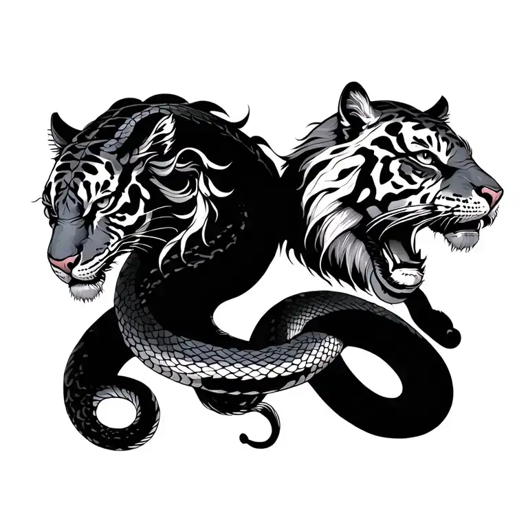 Gemini Snakes protected by Sagittarius Tiger. Mother Pisces on top looking down tattoo design idea