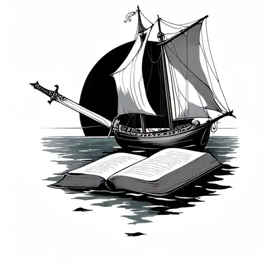 book, sailboat, and sword tattoo design idea