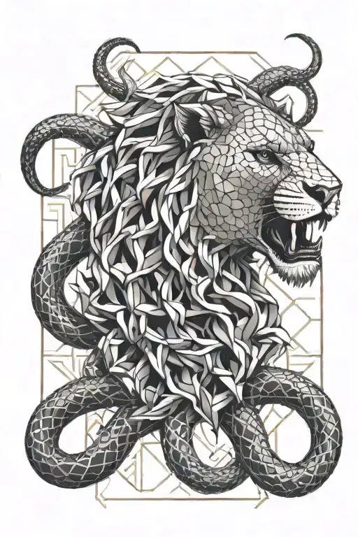 snake wrapped around skull lion jungle themed tattoo design idea