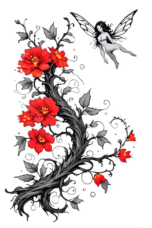 A curvy vine growing up with delicate leaves and blooming red flowers and with a fairy flying with fairy lights  tattoo design idea