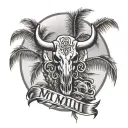 Two palm trees with a bull skull wearing with this text MMII tattoo design idea
