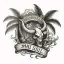 Two palm trees with a bull skull wearing with this text MMII tattoo design idea