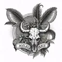 Two palm trees with a bull skull wearing with this text MMII tattoo design idea