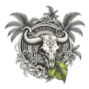 Two palm trees with a bull skull wearing with this text MMII tattoo design idea