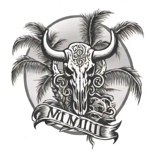 Two palm trees with a bull skull wearing with this text MMII tattoo design idea