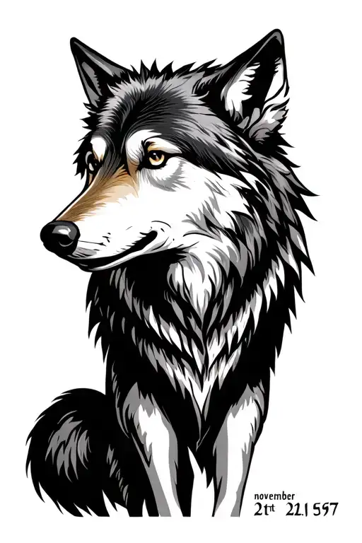 wolf for my ribs, manly, has the romans numerals for novmeber 21st, 1957, rustic, dark tattoo design idea