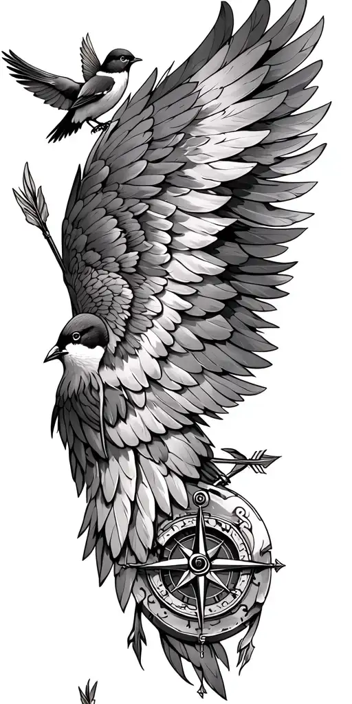 feathered wing from shoulder to upper arm with 5 sparrows, compass and 2 arrows tattoo design idea
