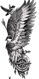 feathered wing from shoulder to upper arm with 5 sparrows, compass and 2 arrows tattoo design idea