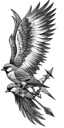 feathered wing from shoulder to upper arm with 5 sparrows, compass and 2 arrows tattoo design idea
