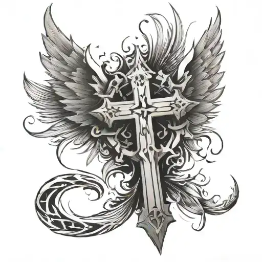 cross one wing halo tattoo design idea