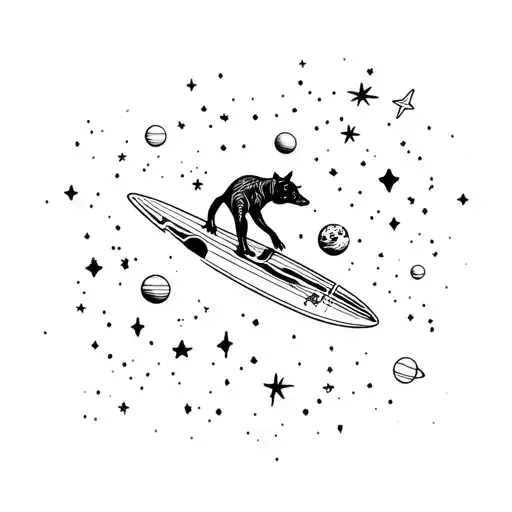 animal surfing in space among planets and stars tattoo design idea