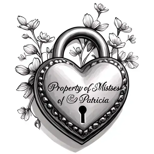 heart shaped lock with small flowers text says Property of Mistress Patricia on lock tattoo design idea
