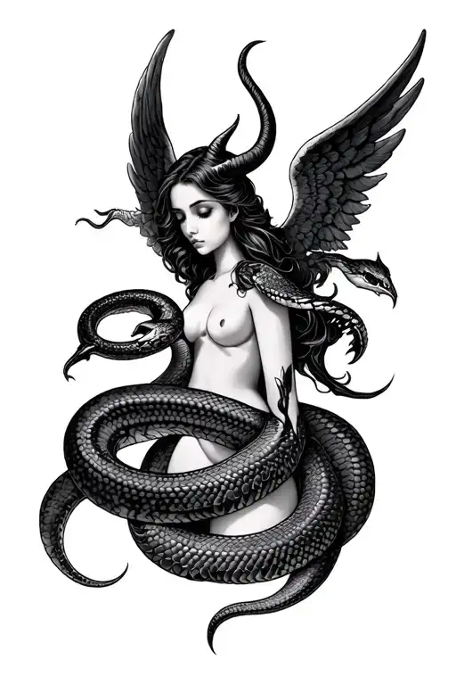feminine tattoo of angel, devil and snake entwined tattoo design idea