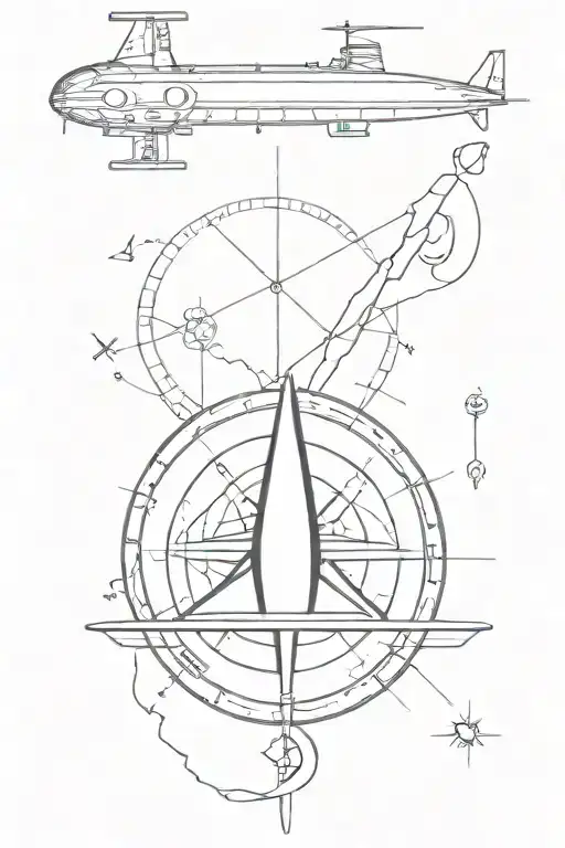 submarine, compass, trident, coordinates tattoo design idea