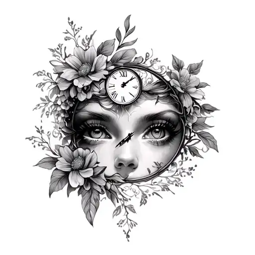 "Design a tattoo with a woman's eyes as the main element, surrounded by a floral or clock design tattoo design idea