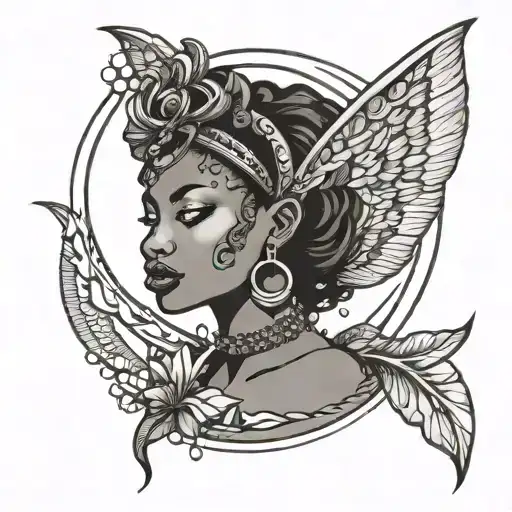 african woman fairy crescent moon background tattoo design idea