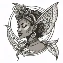african woman fairy crescent moon background tattoo design idea