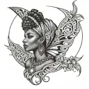 african woman fairy crescent moon background tattoo design idea