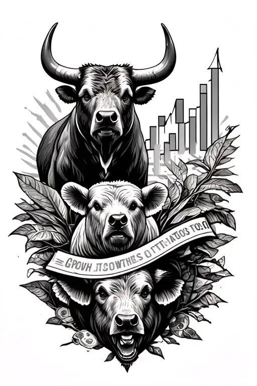 Forearm tattoo design, stock market theme, incorporating a bull, a bear, and a graph trending upwards, symbolizing growt tattoo design idea