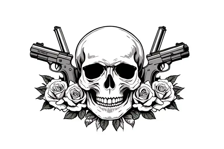 skull in the middle with roses and bullets on both sides & two pistols facing the outwards way behind skull tattoo design idea