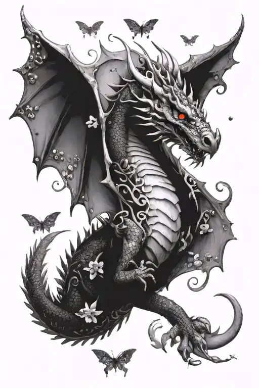 black and white nature dragon guarding ethereal flower surrounded by buttterflies and water droplets tattoo design idea