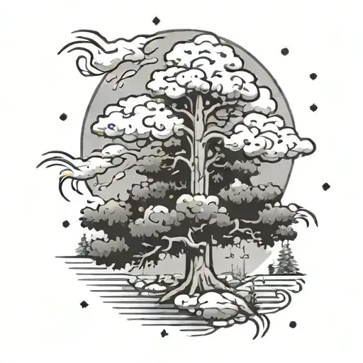 pine tree with winter storm clouds and lightning shooting down. add snowflakes too tattoo design idea