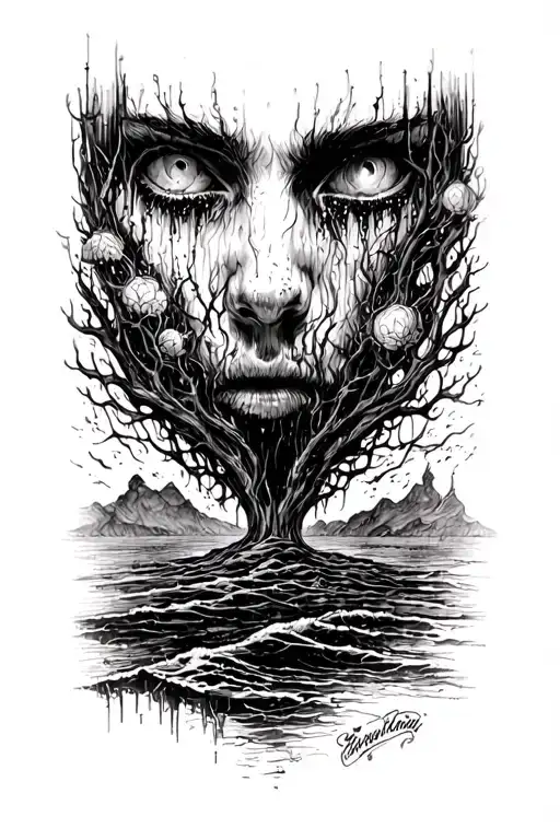 Lost unknown sad horizon regrets rage torment fear alone conscious solitude tattoo design idea