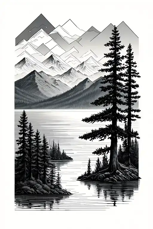 tattoo of woods and trees, with a lake surrounded by mountains tattoo design idea