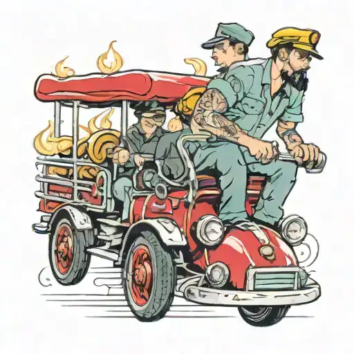 tall man in fire truck pedal car driving tattoo design idea