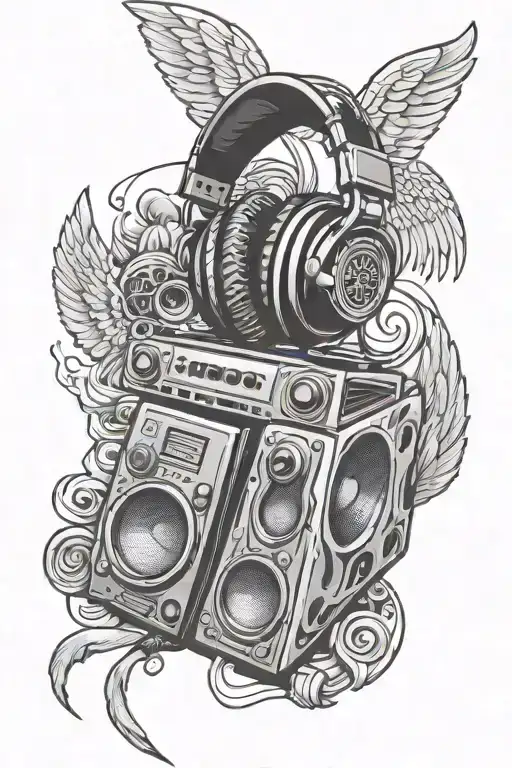 microphone boombox headphones angels tattoo design idea