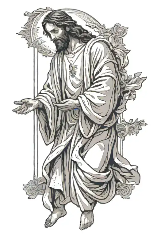 jesus standing in robe looking forward praying  hands togther  tattoo design idea
