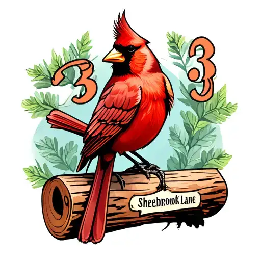 a cardinal sitting on top of a log that says 93 sheerbrook lane tattoo design idea