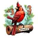 a cardinal sitting on top of a log that says 93 sheerbrook lane tattoo design idea