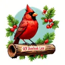 a cardinal sitting on top of a log that says 93 sheerbrook lane tattoo design idea