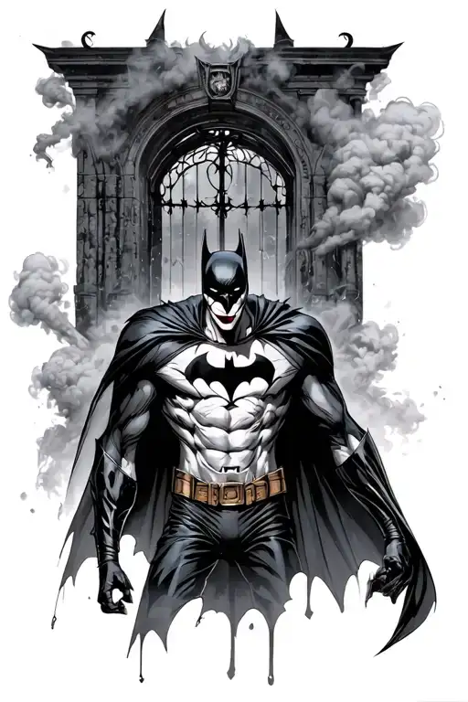 titan joker with time drake robin and Arkham city Batman along with smoke background and a Arkham asylum gate tattoo design idea