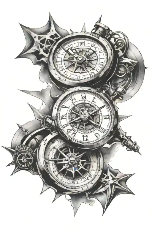 two motorcycles riding side by side inside a broken clock and a compass rose tattoo design idea