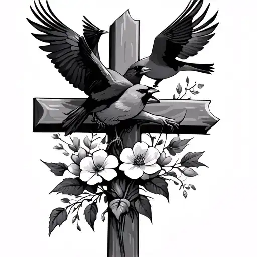 Christian cross with flowers and cardinals flying tattoo design idea