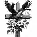 Christian cross with flowers and cardinals flying tattoo design idea
