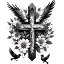 Christian cross with flowers and cardinals flying tattoo design idea
