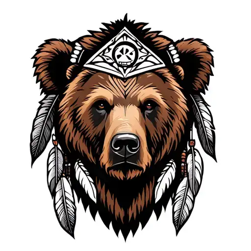 native american brown bear face with feathers from sioux and cherokee tribes  with a healing virgo sign tattoo design idea