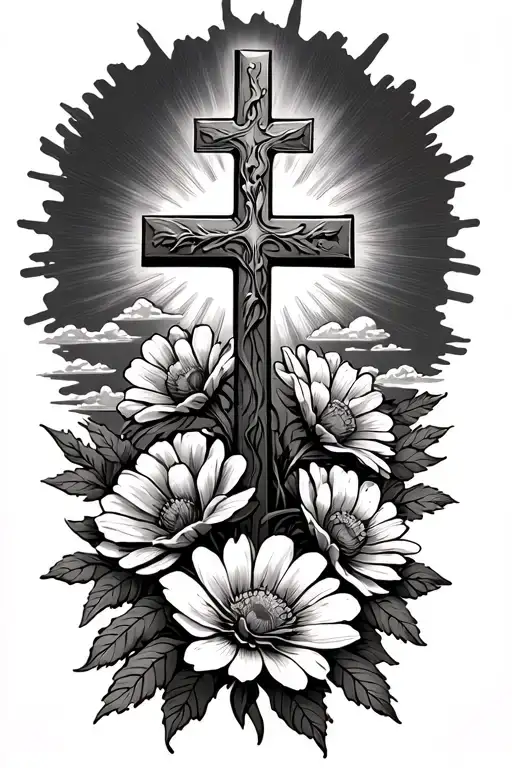 one solid cross with September birth flowers at the bottom with clouds and rays of sun in the background  tattoo design idea