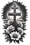 one solid cross with September birth flowers at the bottom with clouds and rays of sun in the background  tattoo design idea