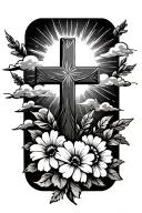 one solid cross with September birth flowers at the bottom with clouds and rays of sun in the background  tattoo design idea