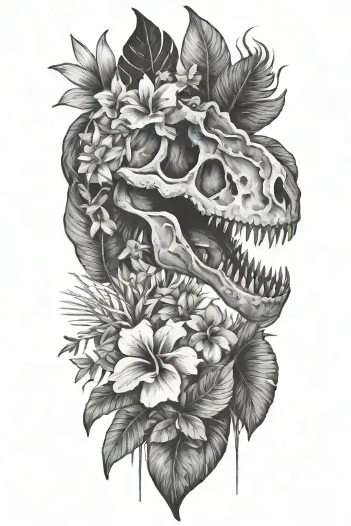tropical leaves with flowers an T Rex skull tattoo design idea