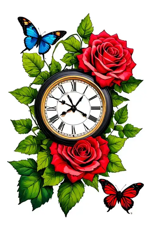 roses butterflies clock poison ivy leaves tattoo design idea