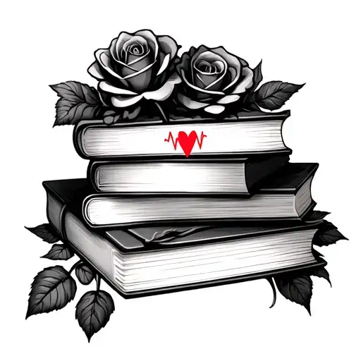 stack of closed books and roses  with a heartbeat line through the center tattoo design idea